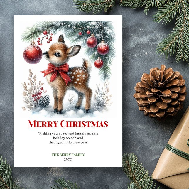 Escena de Navidad de bebé cervatillo imprimible en (Printable Baby Fawn Christmas Scene Watercolor Greeting Card

)
