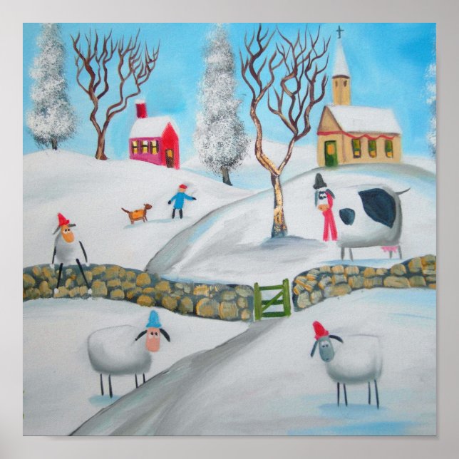 escena de nieve de invierno de ovejas vacas arte p (Frente)