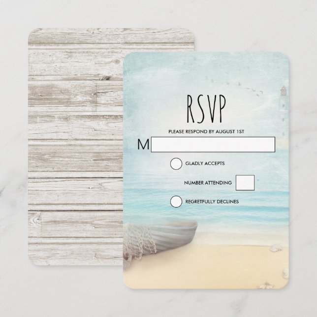 Escena de playa rústica con tarjeta RSVP de boda e (Anverso / Reverso)