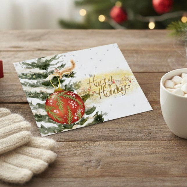 Escena divertida de Navidad con ardilla en acuarel (A warm, hand-painted holiday postcard with classic ornament charm.)