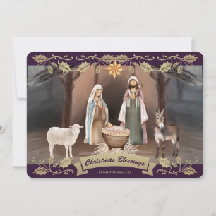 Escena elegante de la Natividad en morado Navidad