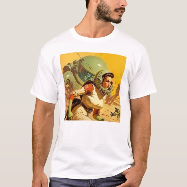 Escena espacial retro camiseta básica masculina (Anverso)