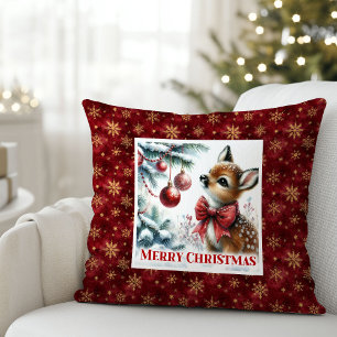 Escena festiva mágica, almohada de Navidad con cer