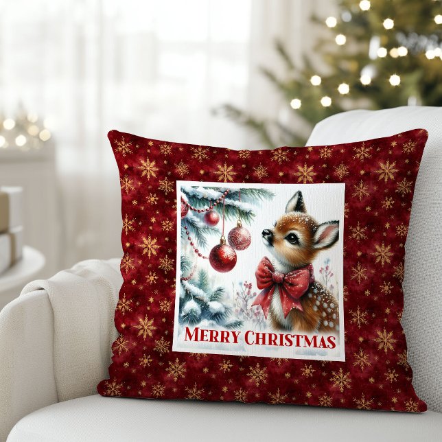 Escena festiva mágica, almohada de Navidad con cer (Magical festive scene baby fawn Christmas pillow (51))