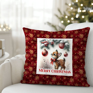 Escena festiva nevada, almohada de Navidad con cer