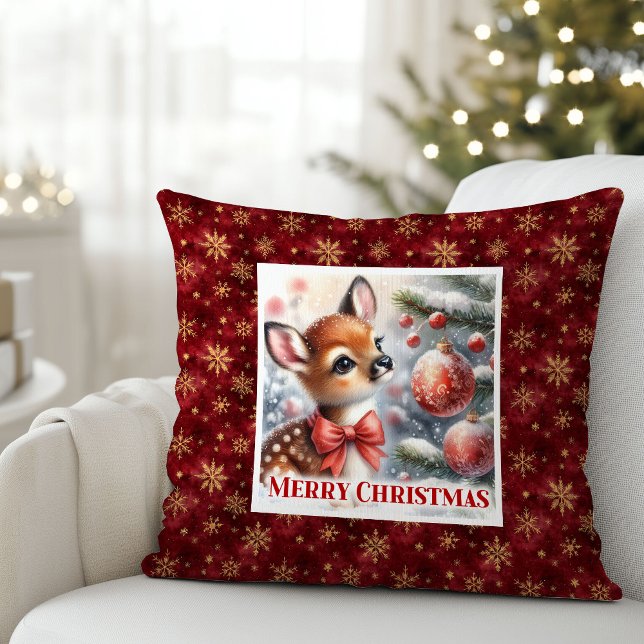 Escena festiva pura, almohada de Navidad con cerva (Pure festive scene baby fawn Christmas pillow (48))