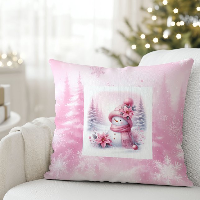 Escena invernal de Pinkmas con almohada de muñeco  (Pinkmas Winter Scene Snowman Pillow Kids Room)