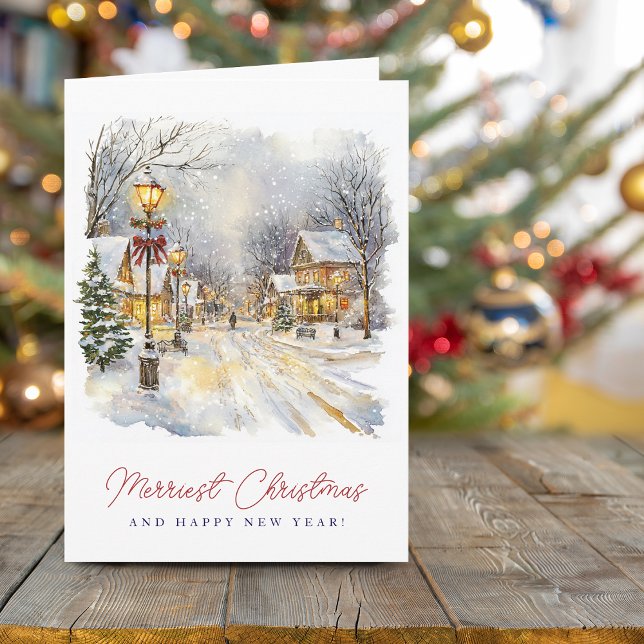 Escena invernal festiva Navidad más alegre doblada (Festive Winter Scene Merriest Christmas Folded Holiday Card)