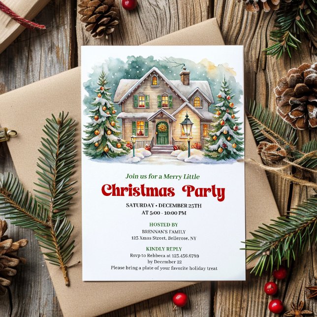 Escena navideña acogedora Invitación de vacaciones (Cozy Christmas Scene Watercolor Holiday Invite)