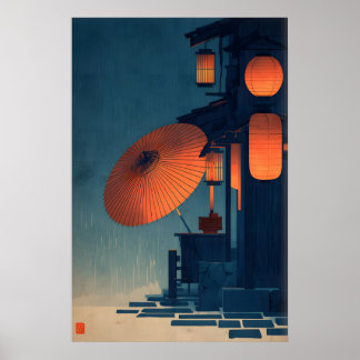 Escena Nocturna de Linterna Japonesa Arte de Pared