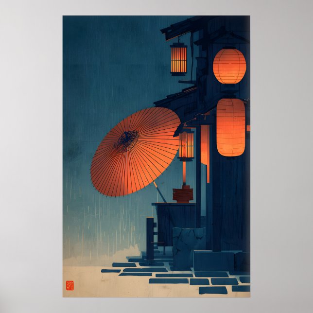 Escena Nocturna de Linterna Japonesa Arte de Pared (Frente)