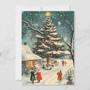 Escena Retro de Aldea con Árbol de Navidad