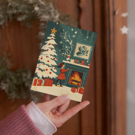 Escena Retro de Navidad Chimenea Niño