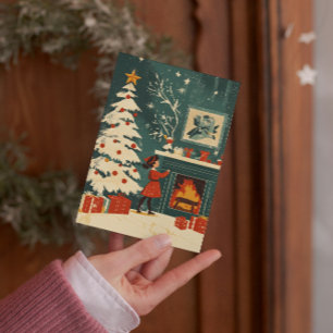Escena Retro de Navidad Chimenea Niño