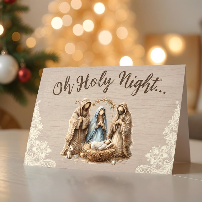 Escena Rústica de la Natividad Tarjeta de Navidad  (Rustic Nativity Scene Oh Holy Night Christmas Card)