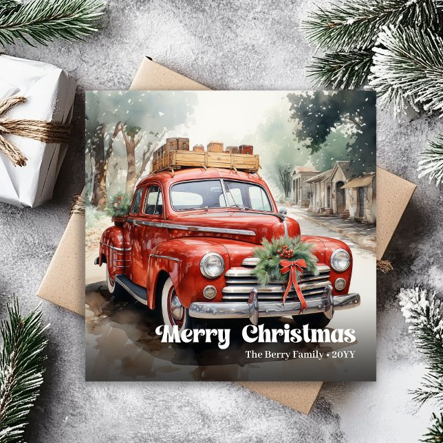 Escena rústica de Navidad trendy en acuarela para  (Trendy rustic Christmas scene watercolor greeting)
