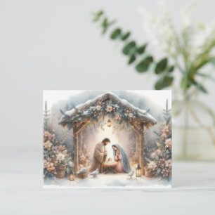 Escena rústica del Nacimiento con tarjeta de flore