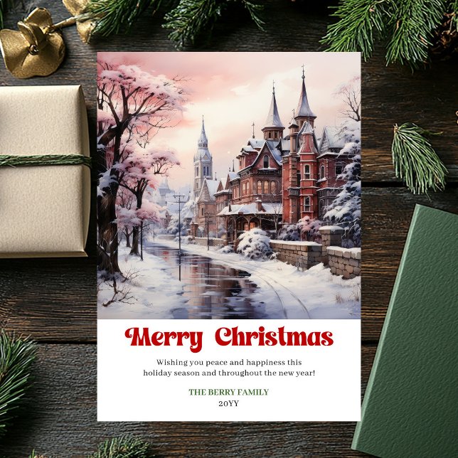 Escena suave y rústica de Navidad con letra juguet (Soft rustic Christmas scene cozy playful lettering Holiday Card )