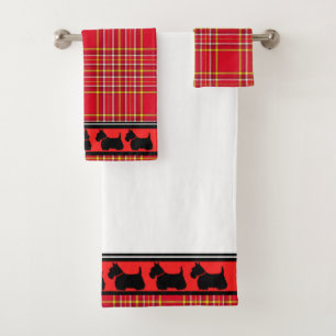 Escocia Terrier/collar rojo/manta roja/frontera