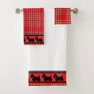 Escocia Terrier/collar rojo/manta roja/frontera