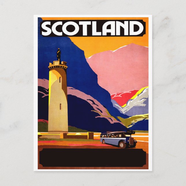 Escocia, viajar en autobús, postal vintage (Anverso)