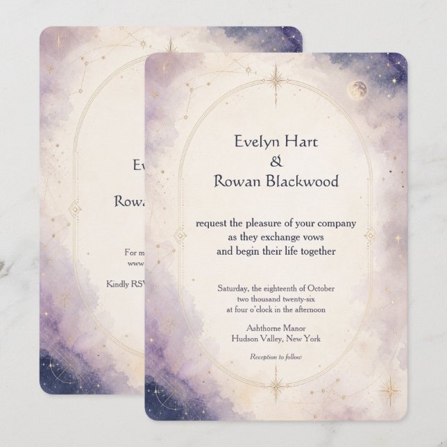 Escrito en las Estrellas Invitación de Boda Celest (Anverso / Reverso)