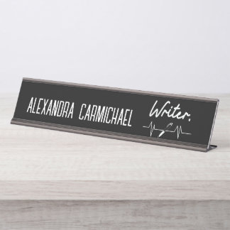 Escritor Placa de nombre blanco y negro