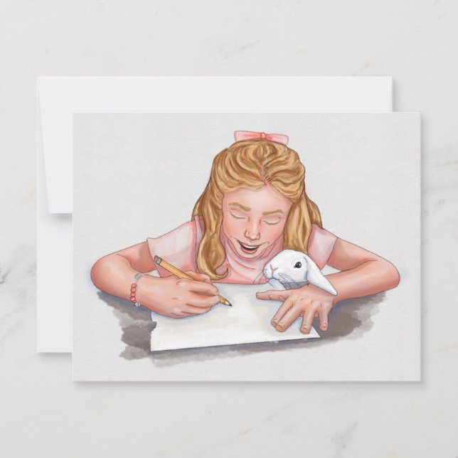 Escritura de chica con papel comiendo conejo masco (Anverso)