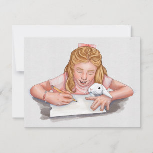 Escritura de chica con papel comiendo conejo masco