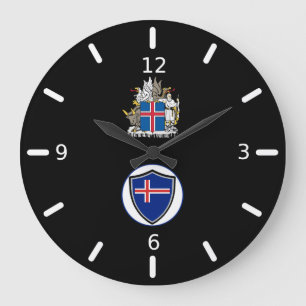 Escudo de bandera de Islandia con un reloj grande