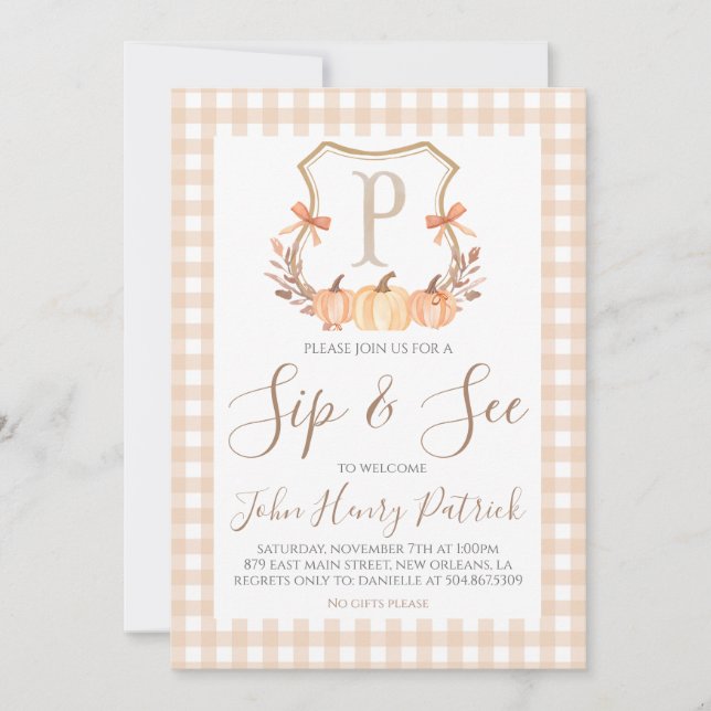 Escudo de calabaza otoñal Sip y ver invitación (Anverso)