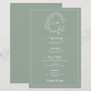 Escudo de Leafy Verde Sage Monograma Menú Boda inv