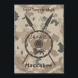 Escudo De Macabetes Y Láminas Desérticas<br><div class="desc">Representación de un escudo de un Macabee y dos lanzas sobre un fondo de camo desértico. El escudo está adornado por un león y el texto que dice "Yisrael" (Israel) en el alfabeto paleo-hebreo. También aparece texto en inglés que dice "Maccabee". Añade tu propio texto adicional. Los macabros eran rebeldes...</div>