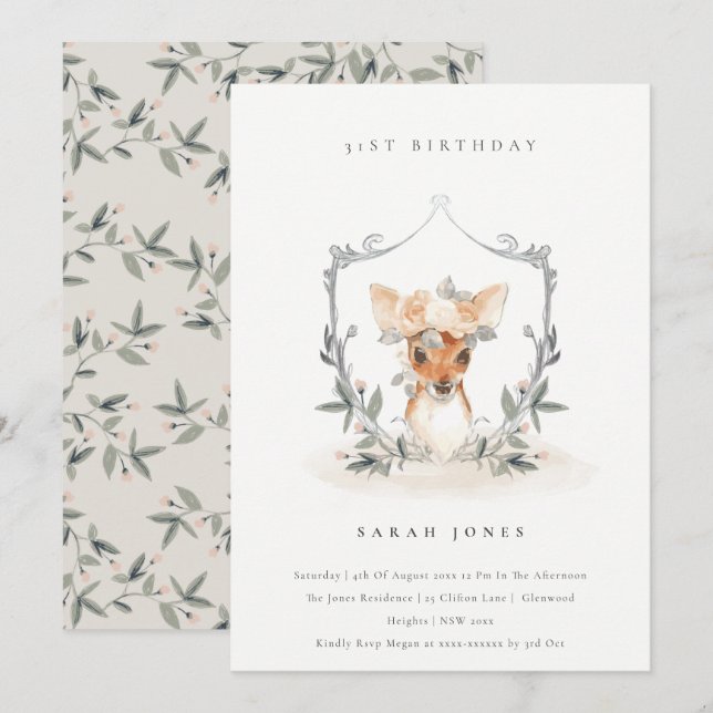 Escudo Dusky Deer Floral Cualquier Invitación de C (Anverso / Reverso)