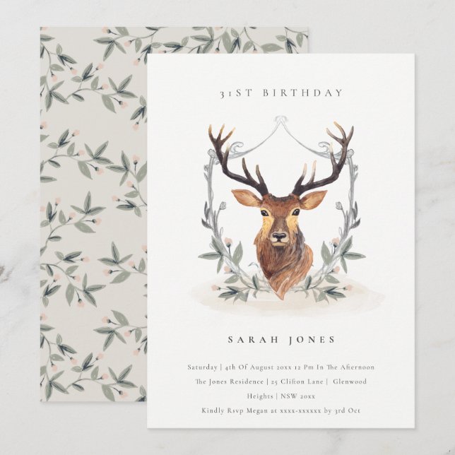 Escudo Dusky Deer Floral Cualquier Invitación de C (Anverso / Reverso)