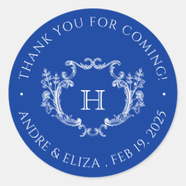 Escudo floral azul real Monograma Boda Pegatina