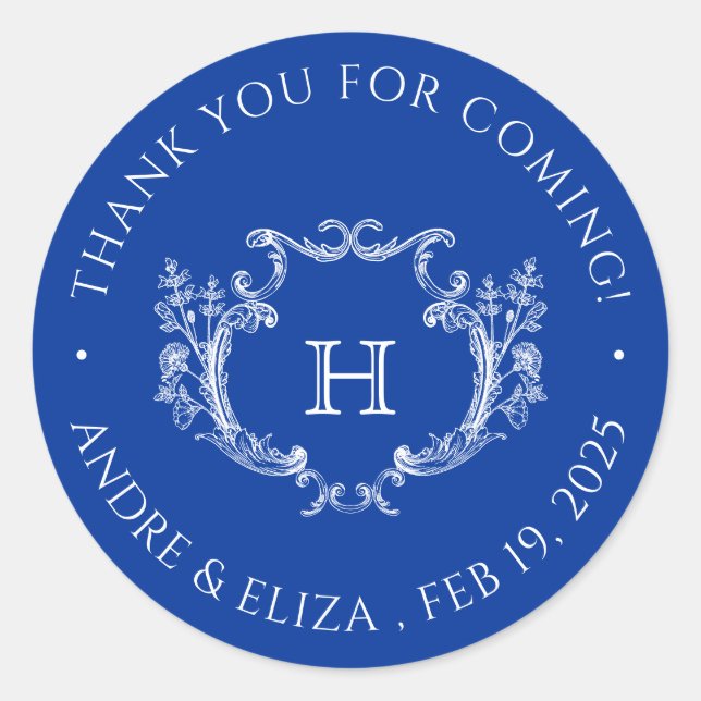 Escudo floral azul real Monograma Boda Pegatina (Anverso)