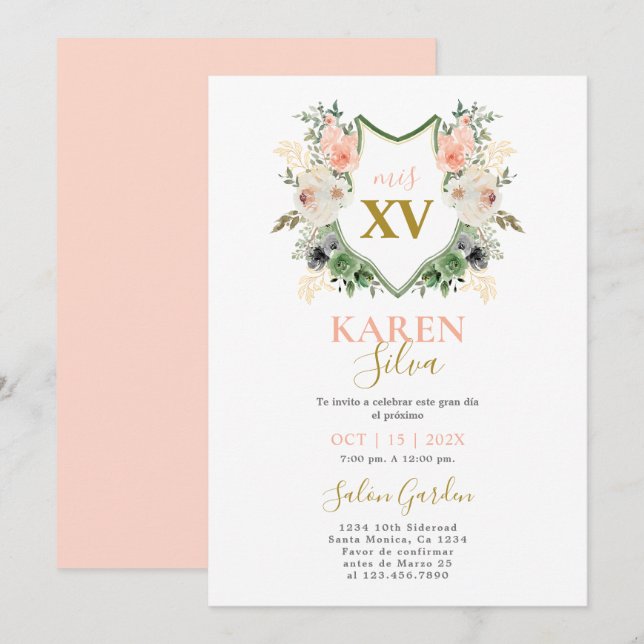 Escudo floral Quinceanera Invitación (Anverso / Reverso)