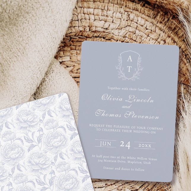Escudo Monograma Dusty Blue Wedding Invitación (Subido por el creador)