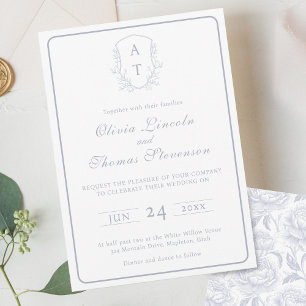 Escudo Monograma Dusty Blue Wedding Invitación