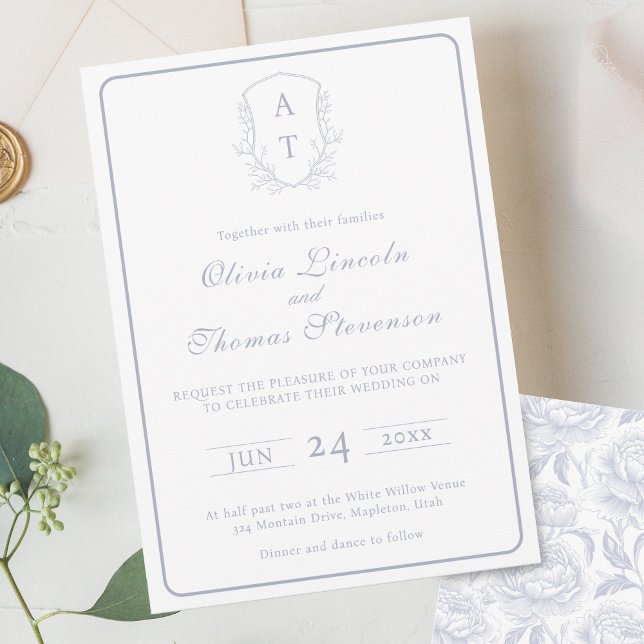 Escudo Monograma Dusty Blue Wedding Invitación (Subido por el creador)