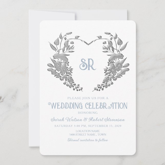 Escudo Monograma Dusty Blue Wedding Invitación (Anverso)