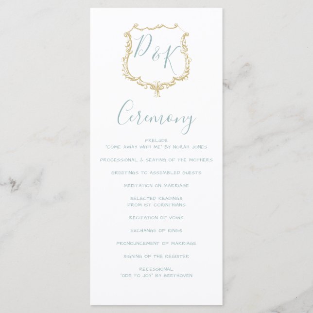 Escudo Monograma Oro Dusty Blue Wedding programas (Anverso)