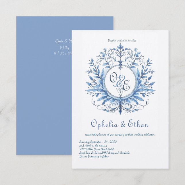 Escudo Monograma Rococo Invitación nupcial Azul (Anverso / Reverso)