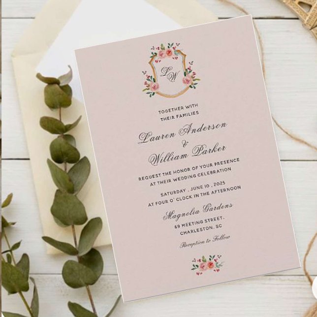 Escudo monogramado con flores Invitación a la boda (Subido por el creador)