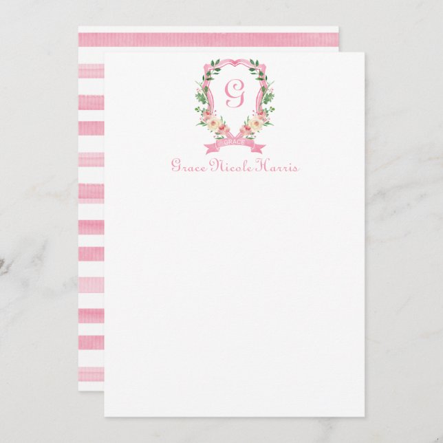 Escudo Monogramado De Flor Rosa - Tarjeta De Agrad (Anverso / Reverso)