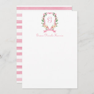 Escudo Monogramado De Flor Rosa - Tarjeta De Agrad