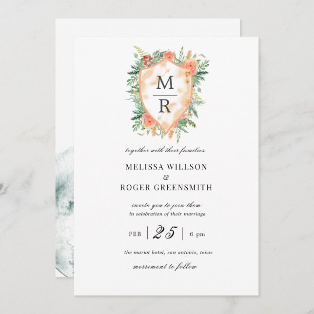 escudo rústico en monograma Invitación a bodas (Anverso / Reverso)