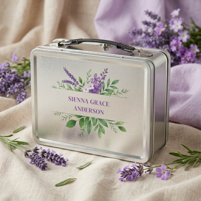 Escuela Botánica de Lavanda Primaveral Chic MH26 (Chic Lavender Floral Botanical Wildflower Faux Watercolor Effect Personalized Metal Lunch Box.)