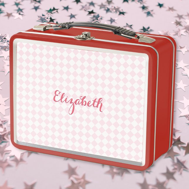 Escuela de niños Chicas monogramados de color rosa (Cute Pink Checkered Monogrammed Girls Kids School Metal Lunch Box)